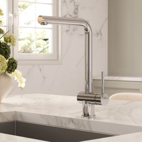EVERSTEIN Küchenarmatur Chrom L-Form für Spüle Wasserhahn Küche 360 Grad schwenkbar 370 mm Einhebelmischer Keramikkartusche Bohrung 33–35 mm G3/8 2x G1/2-Adapter ACS-Schläuche (1/5)