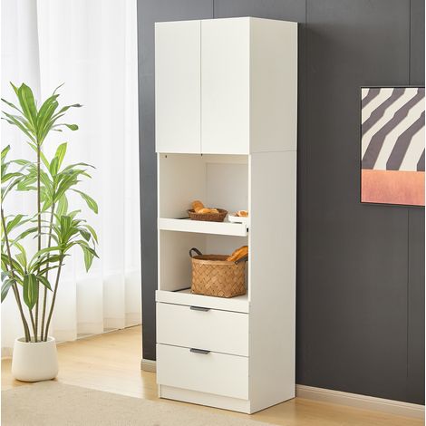 Aparador blanco, aparador alto 200 cm con estante para microondas, 2 cajones, protección anti-vuelco, para comedor, salón (1/5)