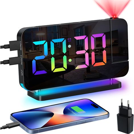 Reveil Projecteur Plafond: Projection Réveil Numérique Enfant Ado, LED Reveil Lumiere du Jour, Chargeur, Snooze, 11RGB Gros Chiffres, 10 Veilleuse, 5 Brightness, Alarm Clock Garcon Fille (1/5)
