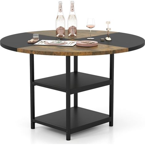 Mesa de comedor redonda de 119 cm para 4-6 personas con espacio de almacenamiento 2 estantes diseño rústico en MDF negro y marrón 200018199