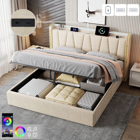 5ft King Upholstered Bed Frame with Hydraulic Storage, LED Headboard with Charging Station and Chrome Trim, USB and Type-C Ports, Linen, No Box Spring Needed, Beige (No Mattress)
