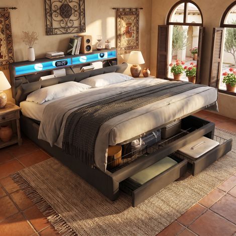 JOOKGBD‑Cama almacenamiento 160x200cm, cama doble de tejido lino gris, cabecera multifunción con iluminación LED RGB, 2 cajones con ruedas, somier de madera, diseño moderno para dormitorio de adultos (1/5)