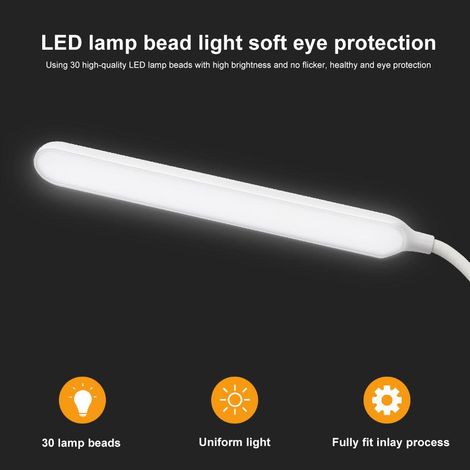 Lampe de bureau LED, protection des yeux, rechargeable par USB, gradation progressive avec trois niveaux de luminosité réglables (lumière blanche et chaude), 30 LED blanches, câble de données DC 3,5 m (1/5)