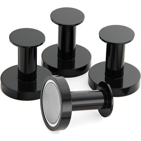 Leistungsstarke Magnethaken zum Aufhängen von Mänteln und Taschen. Set mit 4 schwarzen Magnethaken, ausgestattet mit hochfesten Neodym-52-Magneten (Seltenerdmagnet). Magnethaken im Pushpin-Stil. (1/4)