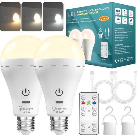 Ampoule Rechargeable E27 avec Télécommande, 3 Températures de Couleur Dimmable Ampoule Batterie Sans fil Rechargeable USB-C pour Urgence, Lampe de Camping, Usage extérieur(Lot de 2)
