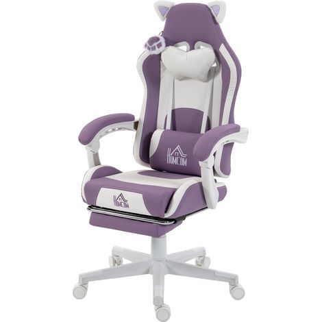 HOMCOM Sedia Gaming con Orecchie da Gatto, Poggiapiedi e Cuscino Lombare Viola (1/5)