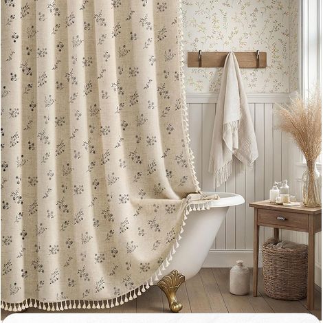 JSSEVN - Rideau Douche Vintage Floral, Rideau de Douche 183 x 213 cm Anti Moisissure Tissu Lavable Élégant Liane Rayure Fleur Rideaux Baignoire avec Crochets (1/4)