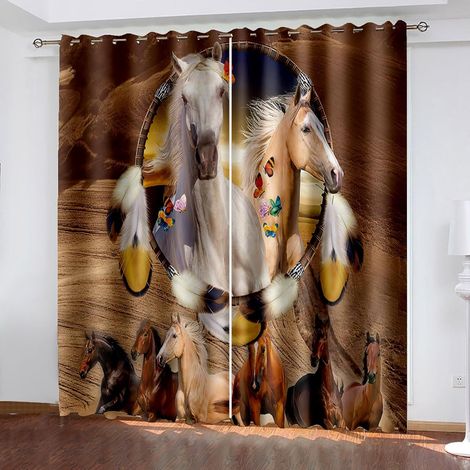 Rideaux à œillets pour chambre d'enfant -Animaux cheval attrape-rêves plumes 264 x 213 cm -Rideaux 3D -Rideaux perforés opaques d'intérieur -Isolation et réduction du bruit -Applicable à la chamb - 10 (1/5)