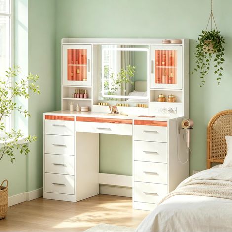 Coiffeuse blanche avec miroir, plateau en verre trempé, rangements ouverts, 110 x 40 x 140 cm (1/5)