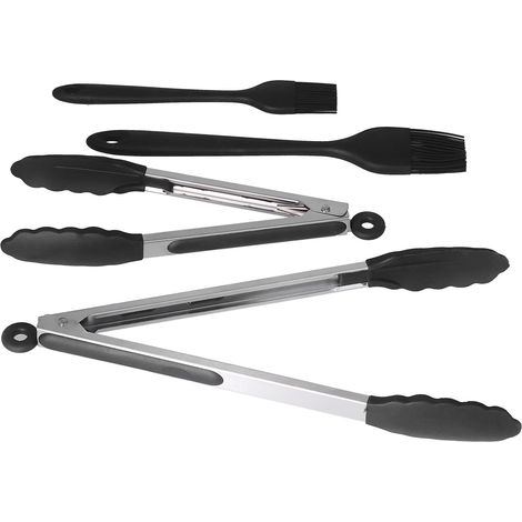 Ensemble de 4 pinces de cuisine noires, résistantes et multifonctionnelles, avec brosse en silicone robuste pour la cuisine et le restaurant. (1/5)