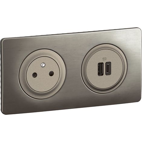 Kit 2P+T Surface et USB A+C 15W Céliane précâblées + boîte - complet Titanium (1/2)