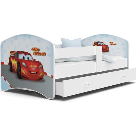 Lit enfant Happy 80x160 Cars blanc – Lit en MDF avec sommier et matelas mousse 7cm – Tiroir de rangement et barrière de sécurité – Kids Literie (1/4)