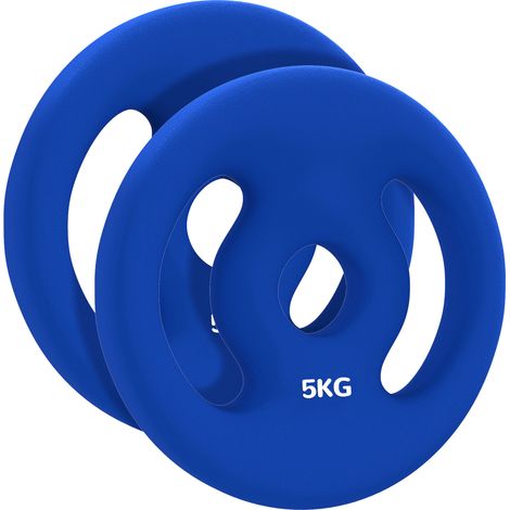 Set de 2 poids de 5 kg pour haltères, disques de poids bleu avec trou Ø 30 mm pour barre de 2,5 cm (1/5)