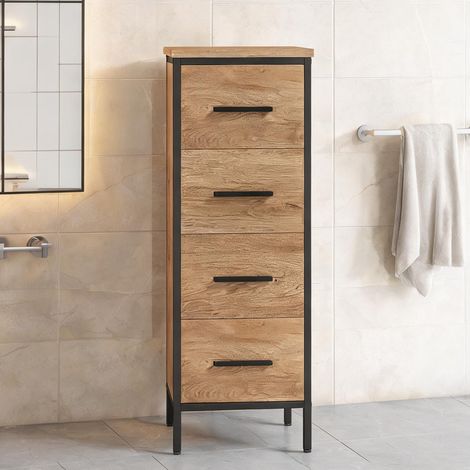 Meuble sous vasque étroit 4 tiroirs acier et bois 30 x 30 x 82 cm (1/5)