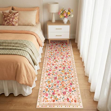 Tapis Lavable Imprimé Floral 60x180 cm Rose/Beige Tapis Couloir (1/5)