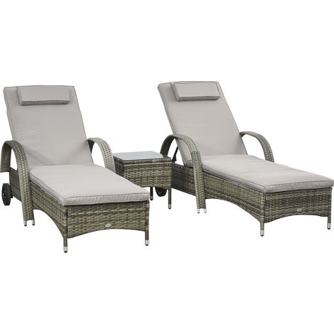 Juego de 2 tumbonas Comfort + mesa de centro – Colchón y reposacabezas – Respaldo reclinable multiposición – Reposabrazos y ruedas – Resina tejida gris