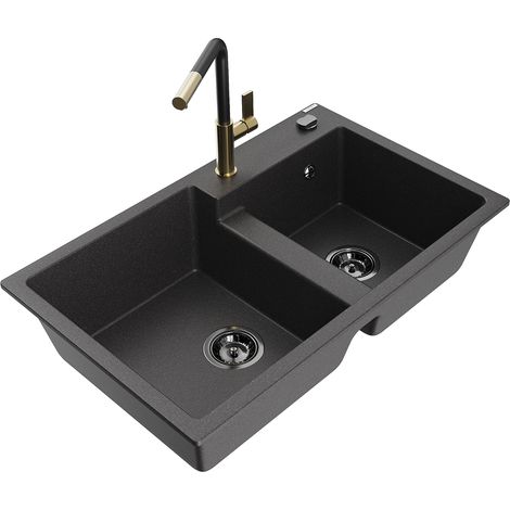 Mexen Tomas 2-Becken-Granitspüle mit Mischbatterie Flora, Schwarz gesprenkelt - 6516-76-670401-57-B (1/5)