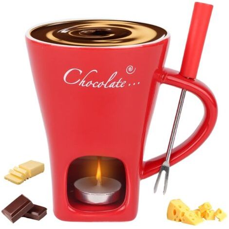 BUNTHAUS Tasse à Fondue au Chocolat, Céramique Mini Set à Fondue avec Fourchette et Chauffe-Bougie Tasse Chocolat Fondant pour Desserts pour les Soirées en Amoureux Anniversaires Mariages (Rouge) (1/5)