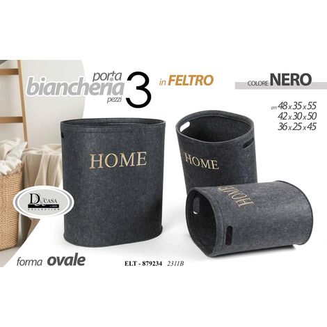 Set aus 3 ovalen Wäschekörben in schwarz mit goldener "Home"-Schriftzug, 48x35x55, 42x30x50 und 36x25x45
