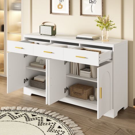 Buffet bas de cuisine et salon, 140x40x83cm, meuble de rangement moderne avec 4 portes arquées et 3 tiroirs, bahut avec étagères réglables, Blanc (1/5)