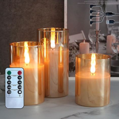 lot de 3 Bougie sans flamme LED, bougie en cire véritable rechargeable avec télécommande et minuterie, bougies électroniques en verre clair doré (1/5)