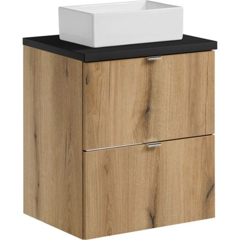 Set VANO effetto quercia e nero 50cm: mobile sottolavabo con cassetti + piano per lavabo + lavabi rettangolari da appoggio