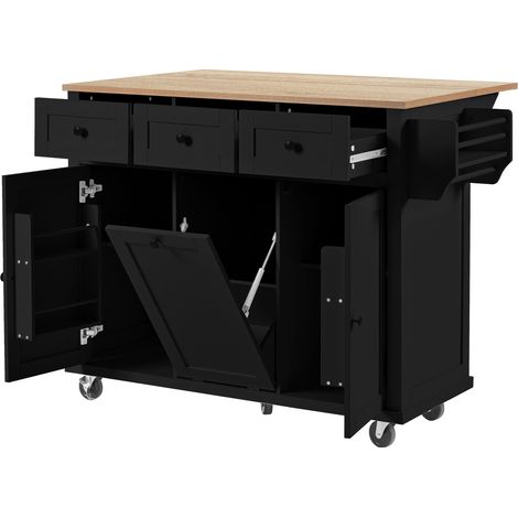 Isla de cocina móvil con ruedas, encimera extensible y cajones, MDF, negro (1/5)
