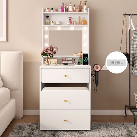 Coiffeuse avec Miroir LED et Tabouret à Roulettes, 10 Ampoules LED, Éclairage Réglable à 3 Couleurs, Multiprise Intégrée, 2 Tiroirs et 4 Étagères de Rangement, Blanc