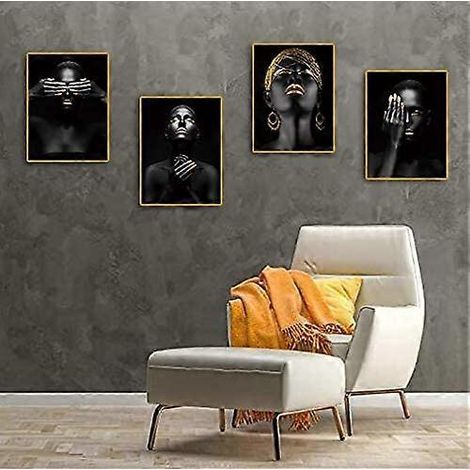 Wandkunst mit afroamerikanischen Motiven, schwarze Frau, Pop-Mode, goldene Ohrringe und Halskette, schwarzes 4er-Set (8) (1/4)