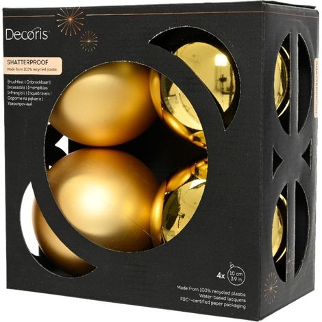 Christmas Tree Baubles, shatterproof, Mixed Shiny & Matt Gold - 100mm - 4 Pack
