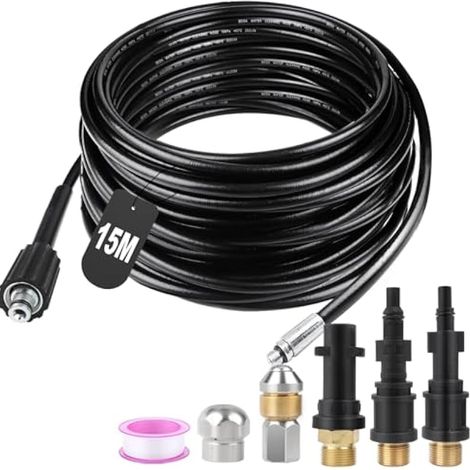 Tuyau de nettoyeur haute pression 15 m 180 bars avec 2 buses et 3 adaptateurs pour Kärcher K2-K7, Lavor, Parkside et Bosch (1/5)