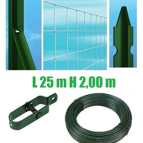 Recinzione Completa Eco 25mt Lineari Rete Metallica Zincata (Rete h200 cm) (Maglia:mm50X75) con Paletti Plastificati Posti nel Cemento (1/2)
