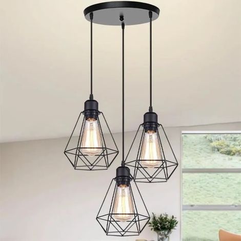 U-Do 3 Lampes Lustre Suspension Cage forme Diamant en Fer Noir E27 Lampe de Plafonde Luminaire Réglable design Vintage Lampe Disque (1/4)