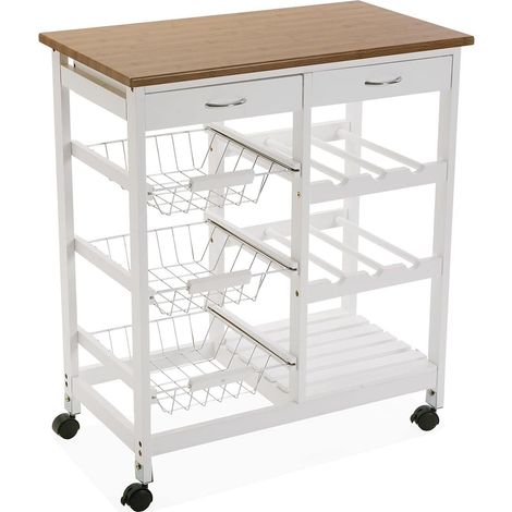 Carrello da cucina bianco con 3 ceste 2 cassetti 6 posti porta bottiglie frutta verdura vivande multifunzione piano di lavoro (1/4)