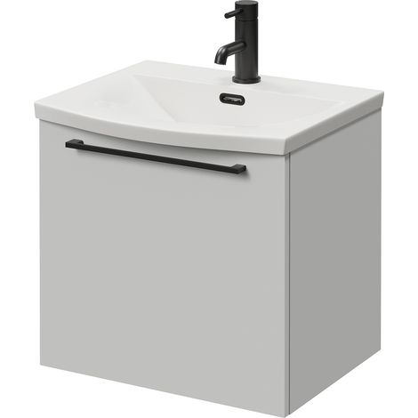 Napoli 390 Gloss Grey Pearl 500mm Wall Mounted Single Drawer Vanity Unit with Arc Basin - 500mm - Matt Black 320mm Handle