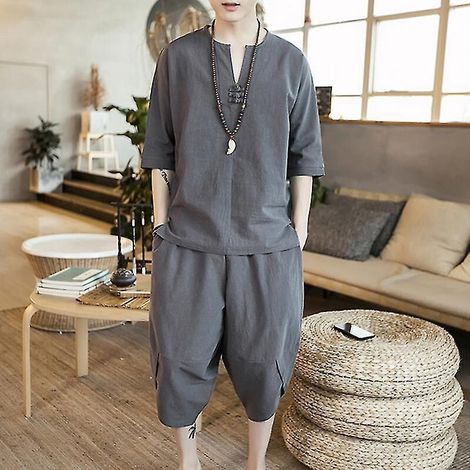 Costume d'été pour homme en lin fin, coupe ample, style chinois, grande taille, coton et lin, 2 pièces / Costume à manches courtes et pantalon, ensemble 2 pièces Sci886-L-Gris foncé (1/5)
