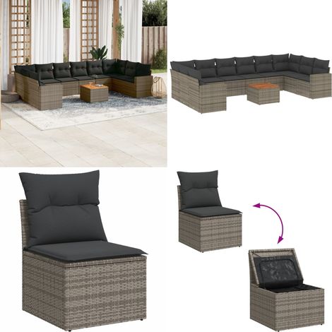 11-tlg. Garten-Sofagarnitur mit Kissen Grau Poly Rattan - Gartenmöbel Set - Esszimmergarnitur - Outdoor Möbel - Lounge Set - Balkonmöbel - Home & Living (1/5)