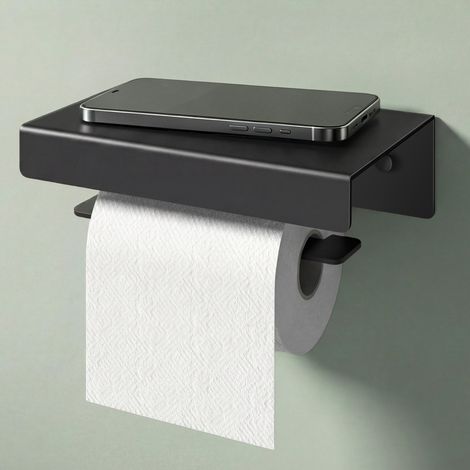 Mai & Mai Porte-Papier Toilette Dérouleur Mural en Alliage d'Aluminium Porte-Rouleau Stable Noir Sablé Rangement WC avec Étagère 200×130×65 MM Lino-05
