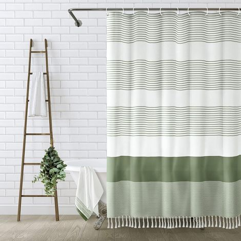 183 x 183 cm Rideau de Douche bohème Vert Sauge pour Salle de Bain Rideau de Douche à Rayures Lin Rustique (1/5)
