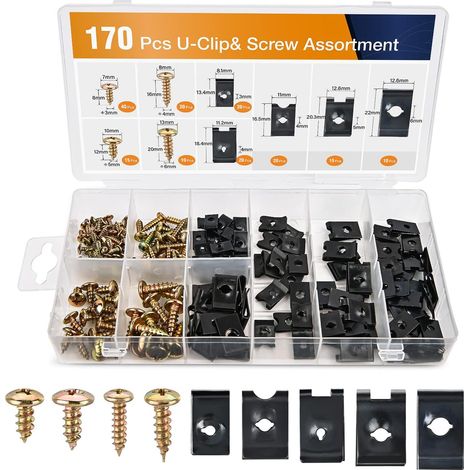 170 Stück Auto-Befestigungsklammern, Auto-Clips, Karosserie-Clips, 85 Stück Kreuzschlitzschrauben, 85 Stück U-förmige Auto-Befestigungsklammern, Kotflügel-Befestigungsklammern. (1/5)