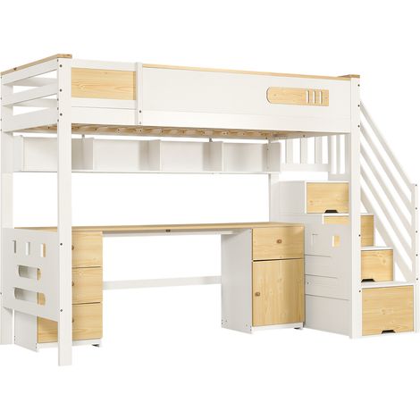Letto a soppalco 90x200 cm bianco e legno naturale con scrivania, cassetti e scala contenitore (1/5)