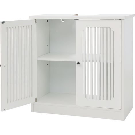 Weißer Waschbeckenunterschrank mit Doppeltür und Lamellenfront, 60 x 30 x 60 cm (1/5)