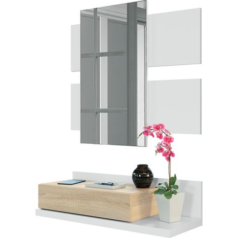 Vs Venta-Stock – Meuble d'entrée Telma avec miroir et 1 tiroir – Mélamine blanche et chêne – Dimensions 75x29x116 cm – Design moderne et fonctionnel