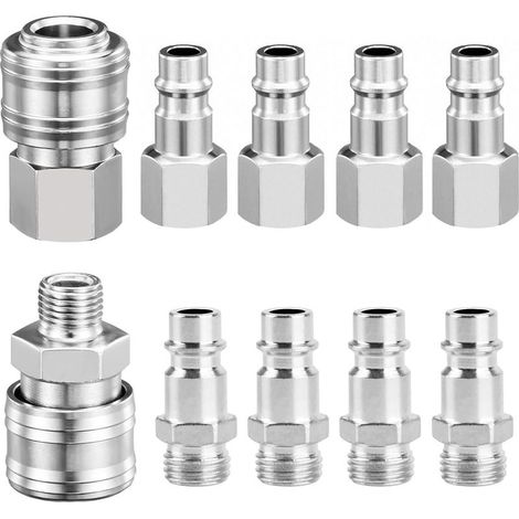 10 - Schnellkupplung - Luftkompressor - 1/4" BSP-Gewinde - Korrosionsbeständiger, verzinkter Stahl - Für Druckluftwerkzeuge und die Automobilindustrie - Silber - 1/4 Zoll (1/5)