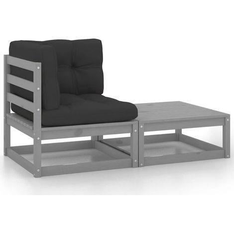 Set Divani da Giardino 2 pz con Cuscini Grigio Massello di Pino vidaXL
