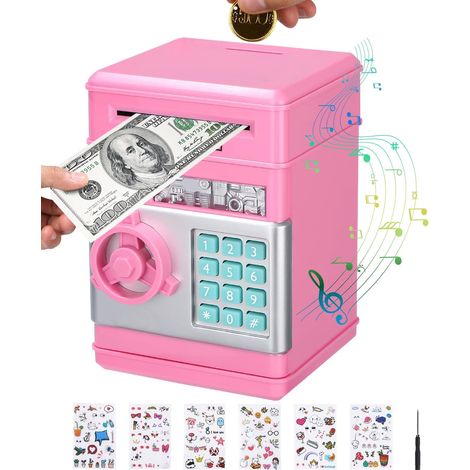 Children's Safe Box, ATM Electronic Money Box for Children, Mini ATM Money Box Electric Money Box with Automatic Password Silver Scrolling Children's Gift for Boys Girls Pink (1/5)