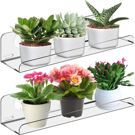 2 étagères à plantes en acrylique : étagères transparentes à suspendre pour fenêtres, fenêtres avec ventouse, support de plante murale pour fleurs et plantes succulentes (1/5)