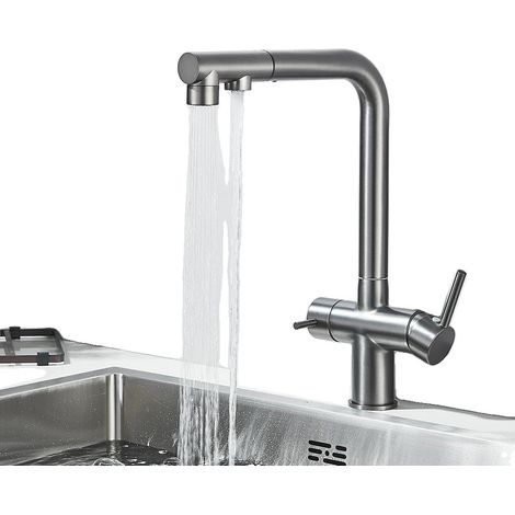 Grifo de cocina, caño extraíble, doble manija, gris. (1/2)