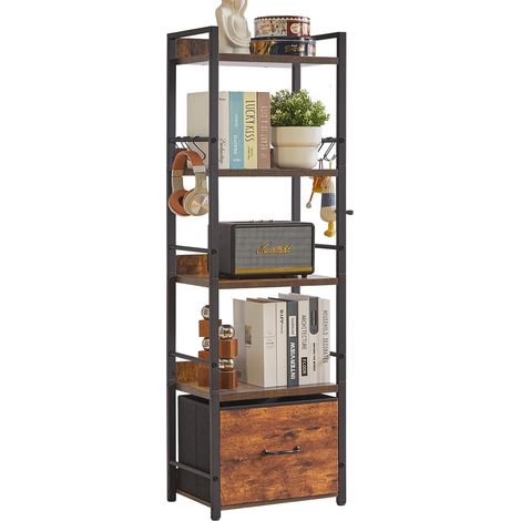 Bibliothèque à Étagères, Bibliothèque Industrielle à 4 Niveaux avec Tiroirs en Tissu, Étagère sur Pied pour Salon, Chambre à Coucher, Cuisine, Bureau, Marron Rustique (1/5)