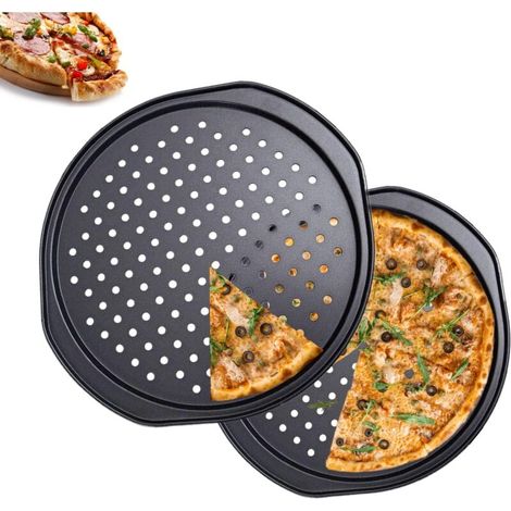 Lot de 2 Plaque Pizza Four 33.5 cm Ronde, Antiadhésif Moule à Pizza Perforés en Acier Carbone, Plateau à Pizza Pan Ronde (1/5)